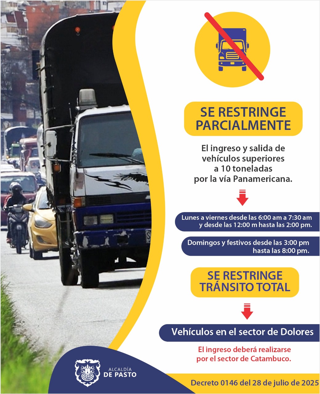 Alcaldía de Pasto establece horarios de tránsito de vehículos pesados por la vía Panamericana.